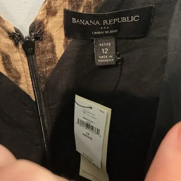 Banana Republic Linen Blend Bodice Seam Maxi Dress 12P 12 Tan Leopard Print NEW - Picture 5 of 11
